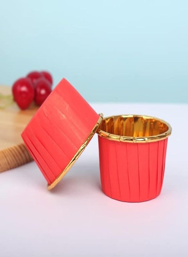 Deera Red Outer and Gold Color Inner Finish Expandable Muffin Cup Cake Paper Mould - Medium, Pack of 50 - Image 1
